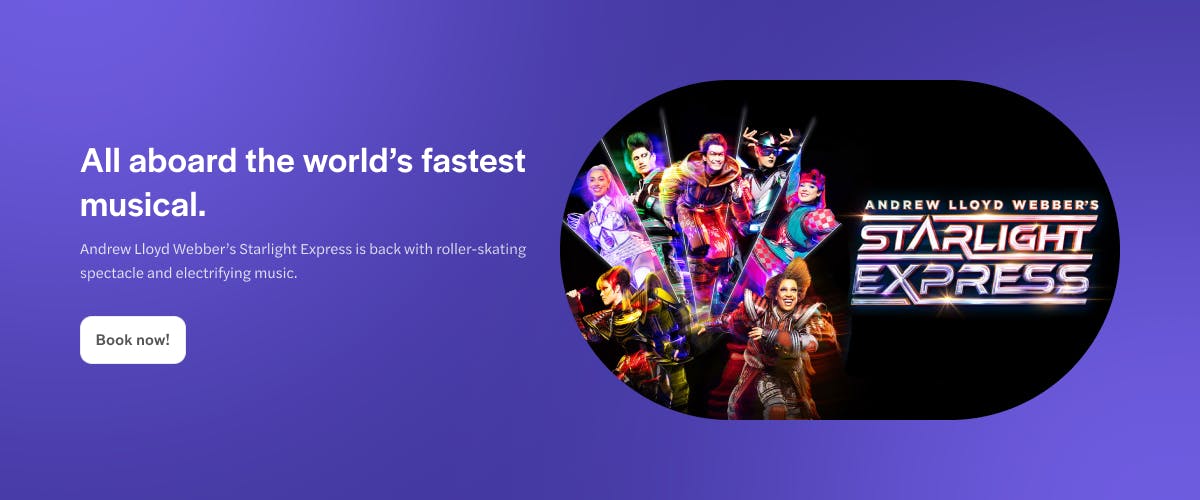 Starlight Express performers in colorful costumes with show logo.